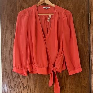 Madewell Vibrant Silk Salmon color Wrap Blouse